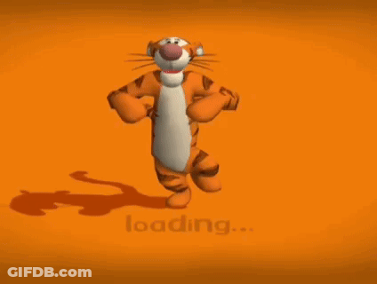 Tigger From Winnie The Pooh Is Dancing In Front Of An Orange Background That Says " Loading " GIF