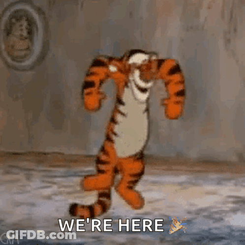 Tigger Standing In Room Saying We're Here GIF