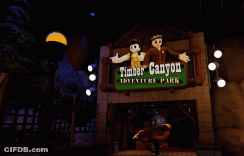 Timber Canyon Adventure Park Sign With Cartoon Characters GIF