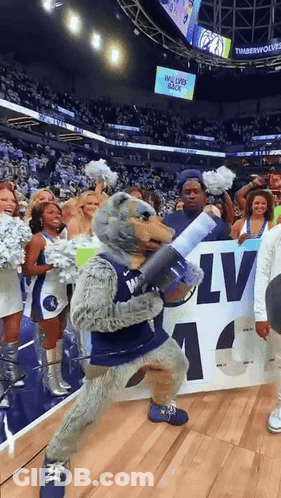 Timberwolves Mascot Holding Megaphone In Front Of Crowd GIF