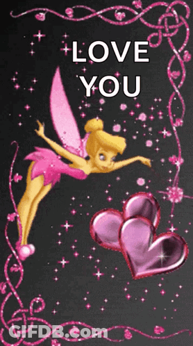 Tinkerbell Fairy Surrounded By Hearts Saying Love You GIF