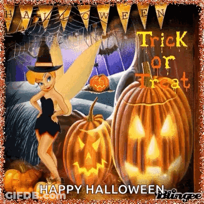 Tinkerbell In Witch Hat Surrounded By Pumpkins Trick Or Treat GIF