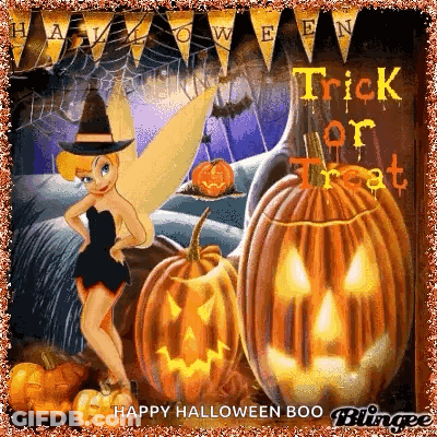 Tinkerbell Is Standing In Front Of Pumpkins And A Sign That Says Trick Or Treat . GIF