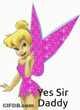 Tinkerbell Is Wearing A Pink Dress With Pink Wings And The Words Yes Sir Daddy Below Her GIF