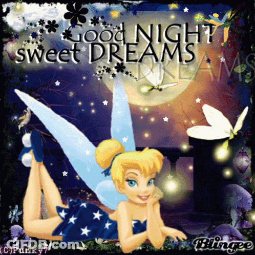 Tinkerbell Laying On Her Stomach With The Words Good Night Sweet Dreams Above Her GIF