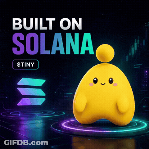 Tiny Yellow Character Standing In Front Of Built On Solana Banner GIF