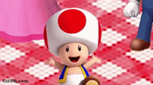 Toad With Red Circle On Head Standing On Checkered Tablecloth GIF