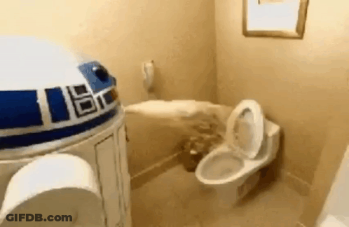 Toilet In Bathroom With R2D2 Costume GIF