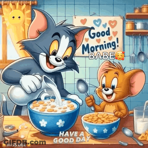 Tom And Jerry Sitting With Bowls Of Cereal GIF