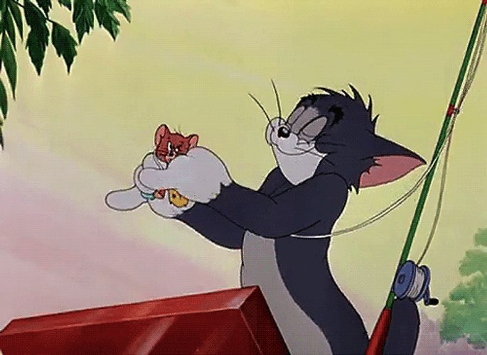 Tom And Jerry Tying Mouse To Fish Bait GIF