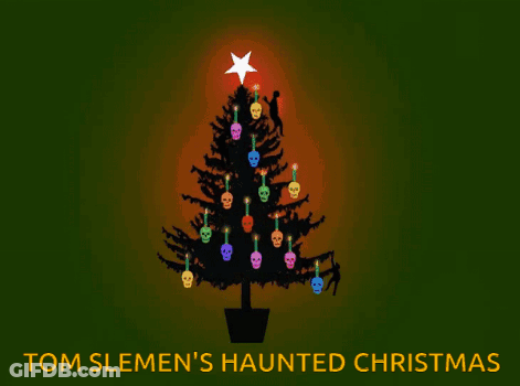 Tom Slemen's Haunted Christmas Poster With Christmas Tree And Skulls GIF