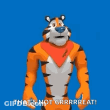 Tony The Tiger Is Standing With His Arms Outstretched And Saying `` That 'S Not Grrrreat ! '' GIF
