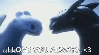 Toothless And Light Fury Are Looking At Each Other And Saying `` I Love You Always < 3 '' . GIF