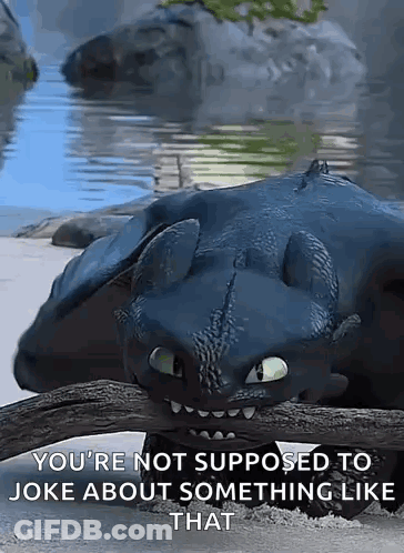 Toothless From How To Train Your Dragon Is Laying On A Branch Next To A Body Of Water . GIF