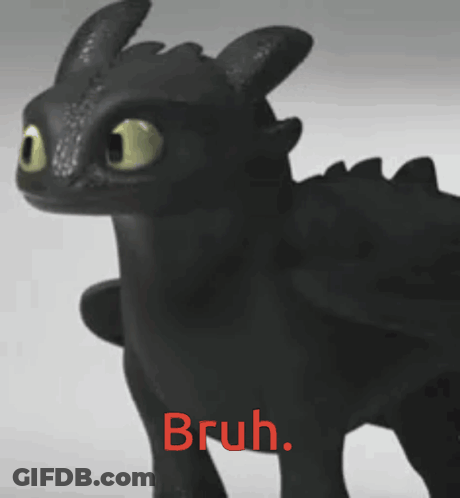 Toothless From How To Train Your Dragon Is Standing In Front Of A White Background With The Word Bruh Written On It GIF