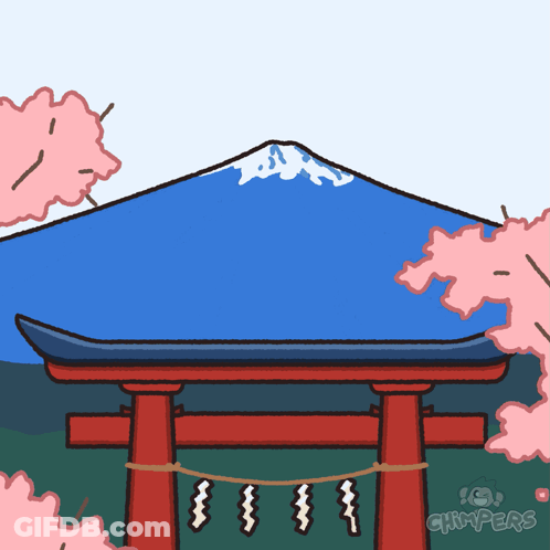 Torii Gate With Mountain And Cherry Blossoms GIF