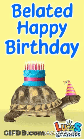Tortoise In Birthday Hat With Cake Says Belated Happy Birthday GIF
