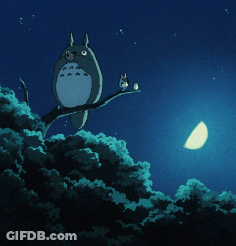 Totoro On Tree Branch With Two Small Birds GIF