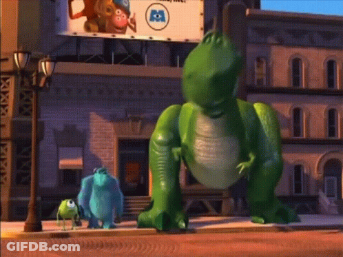 Toy Story Character In Front Of Monsters Inc. Billboard GIF