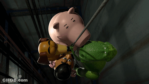 Toy Story Characters Hanging From Rope Saying What GIF