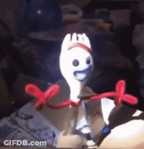 Toy Story Fork Holding Pen And Red Bow GIF
