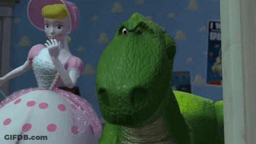 Toy Story Scene Green Dinosaur And Pink White Doll GIF