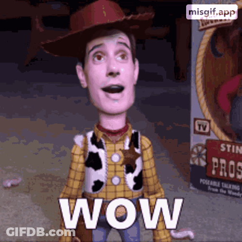 Toy Story Woody Doll Says Wow In Front Of Toy Box GIF