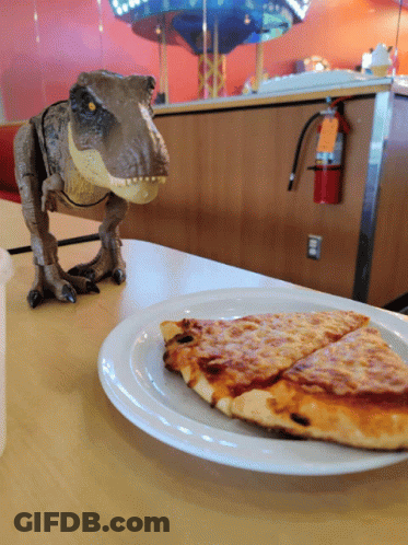 Toy T-Rex Next To Pizza GIF