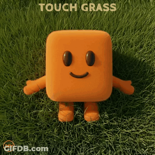 Toy With Face Standing In Grass Saying Touch Grass GIF