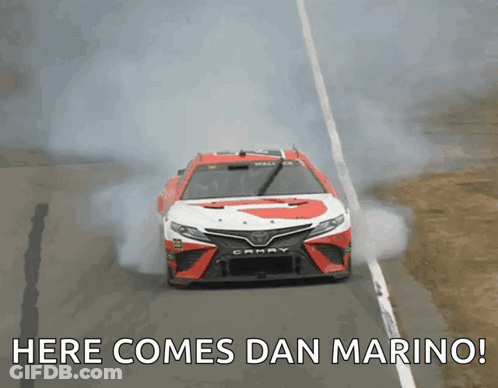 Toyota Camry Driving Down Race Track Saying Here Comes Dan Marino GIF