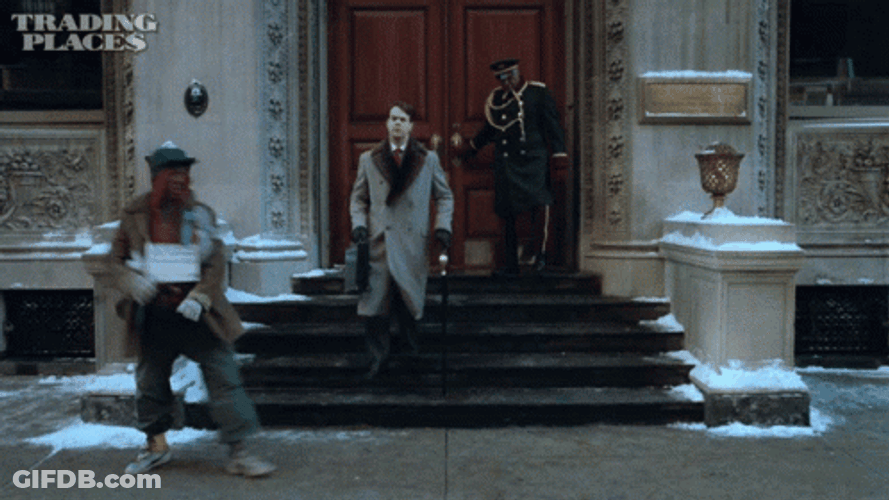 Trading Places Dan And Murphy Surprised Bump GIF