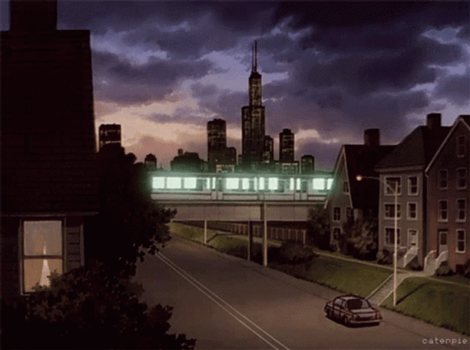 Train Crossing In Anime City Bridge GIF