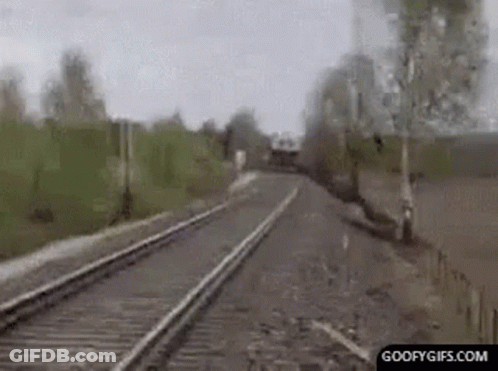 Train Going Down Tracks Next To Field GIF