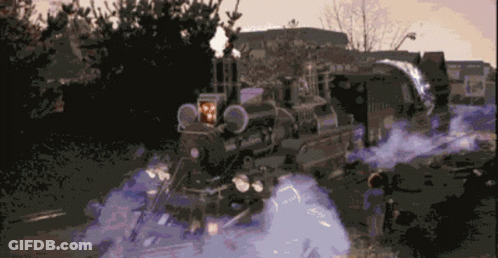 Train With Purple Smoke And Building GIF