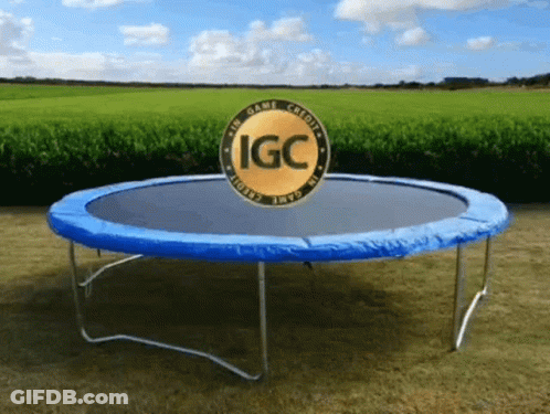 Trampoline With Blue Cover And Gold IGC Logo GIF