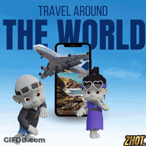 Travel Around The World Poster With Two Characters GIF