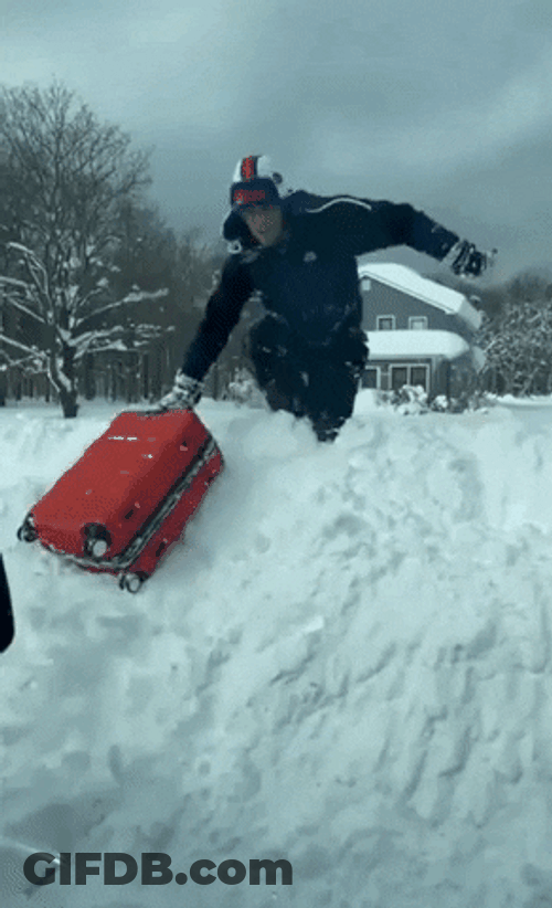 Travelling With Suitcase In Snow Storm GIF