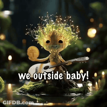 Tree Holding Coin And Playing Guitar Saying We Outside Baby GIF