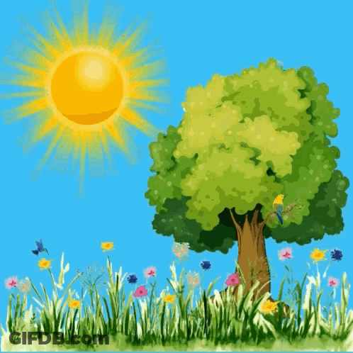 Tree In Field With Flowers And Sun Saying Good Morning GIF