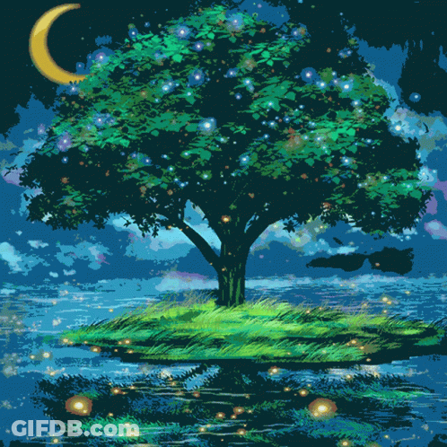 Tree On Small Island With Crescent Moon GIF