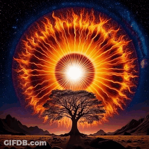 Tree Painting In Front Of Fireball GIF