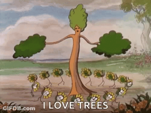 Tree With Arms And Legs Surrounded By Flowers Saying I Love Trees GIF