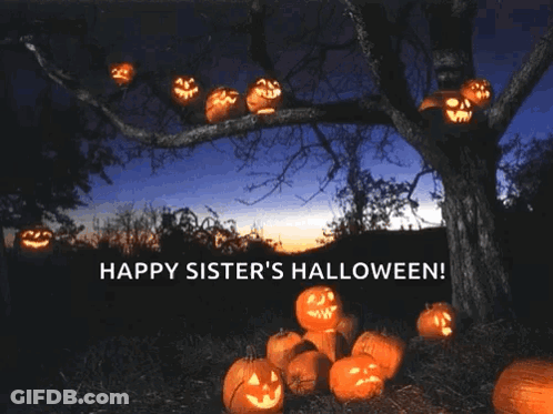 Tree With Pumpkins Carved Into It Happy Sister's Halloween GIF