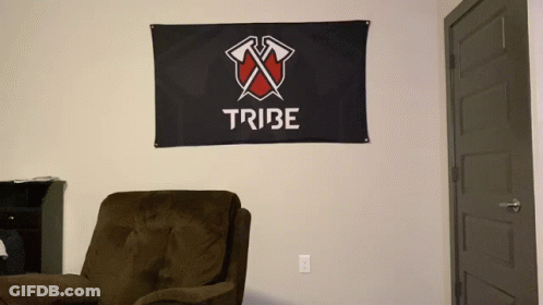 Tribe Flag Hangs Above Brown Chair GIF