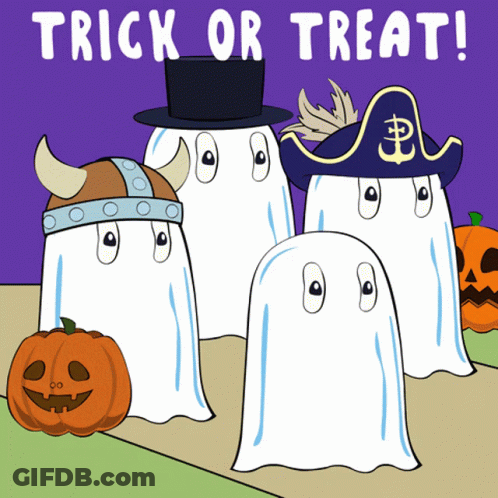 Trick Or Treat Poster With Ghosts In Costumes GIF
