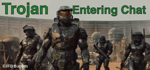 Trojan Entering Chat With Armored Soldiers GIF