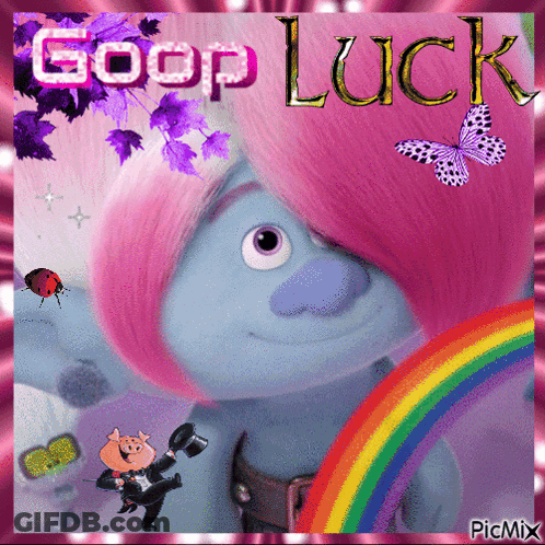 Troll With Rainbow Saying Goop Luck GIF