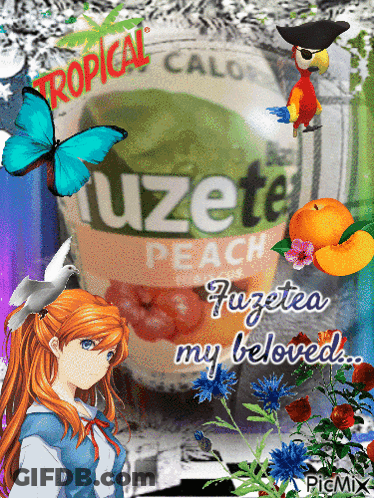 Tropical Fuzete Peach Drink With Girl And Parrot GIF