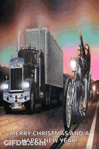 Truck And Motorcycle Merry Christmas Happy New Year GIF