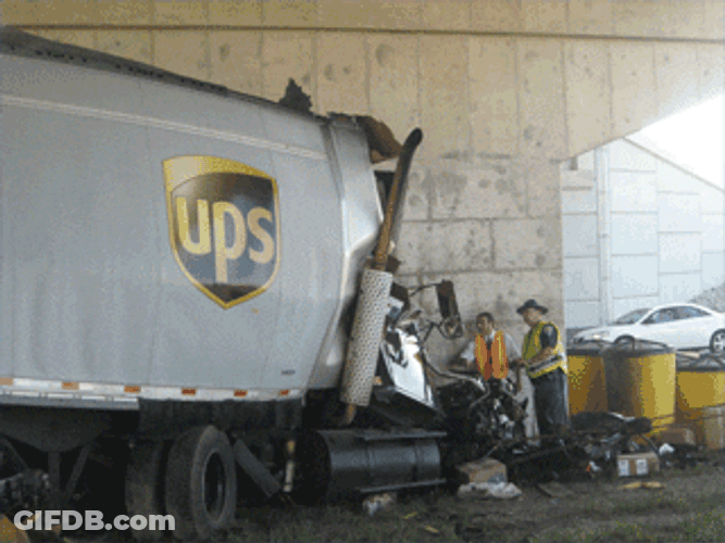 Truck Crash Smashed Hit Bridge Pillar GIF